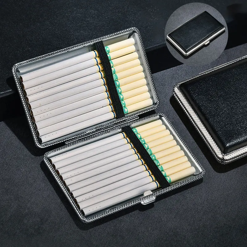 

Тонкие портсигареты 5,5 мм, 20 шт., вместительные портсигары для размеров, длина 10 см, металлический портсигар из искусственной кожи, ультратонкая коробка для хранения