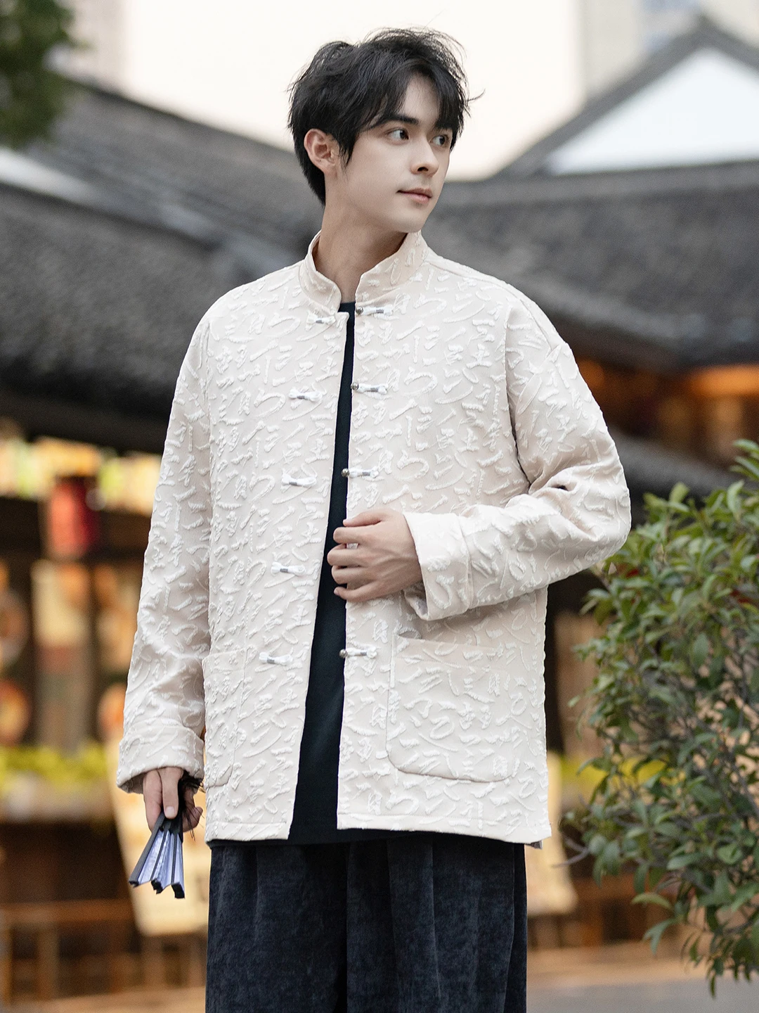 

Loose Men's Jaet Autumn Winter T Suit Chinese Sle Casual Outerwear with Embroidered Chinese Characters Unique Design