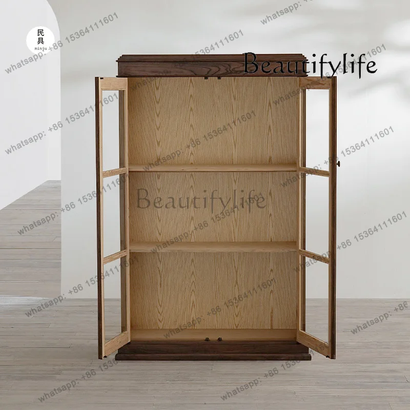 خزانة عرض زجاجية من الخشب الصلب للمنزل القديم الأمريكي الريفي القديم، خزانة جانبية عالية طبق الأصل من اليابانية العتيقة