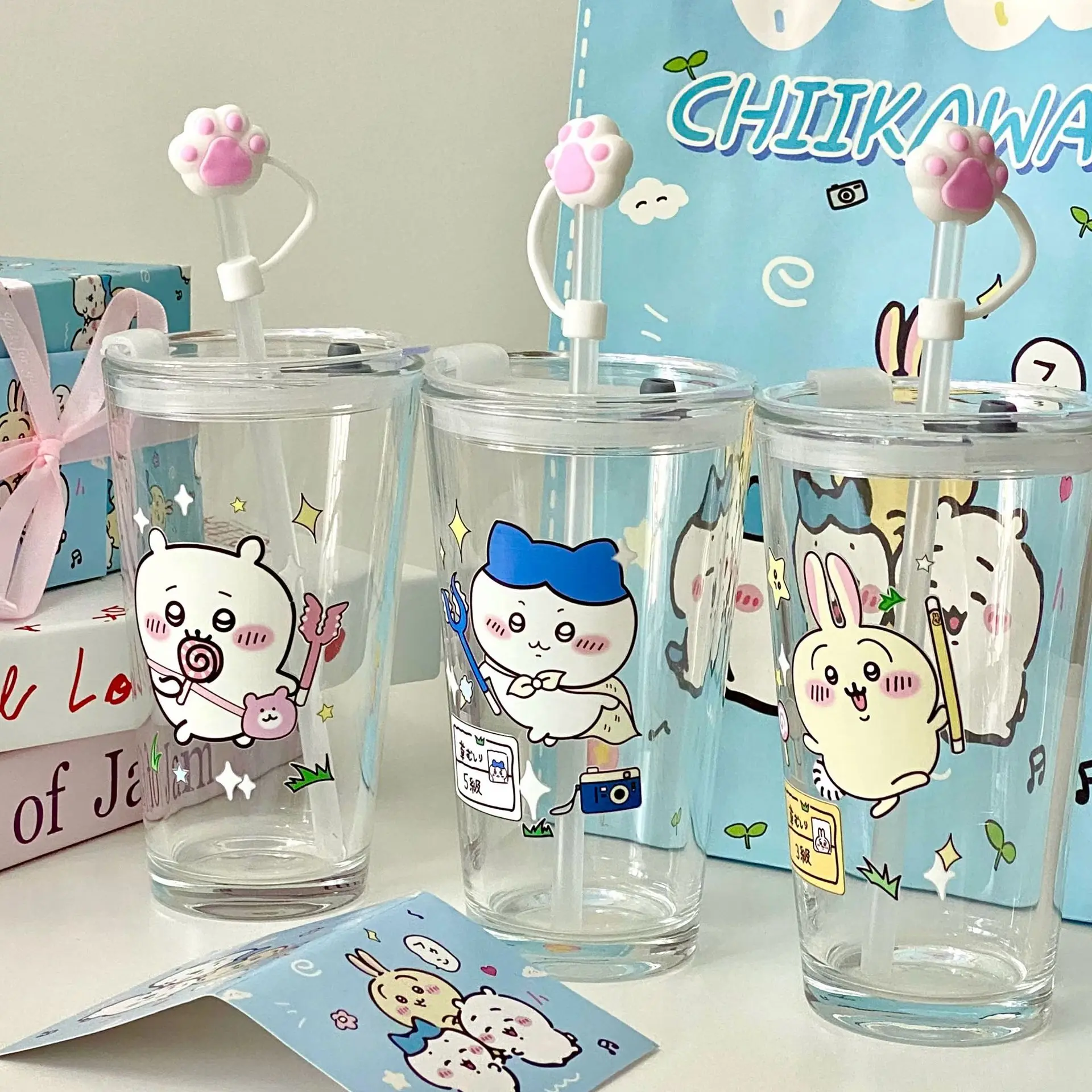 2024 New Chiikawa Transparent Glass Water Cup Hachiware Usagi Cute Couple Water Cups Holiday Gifts Birthday Gift Set