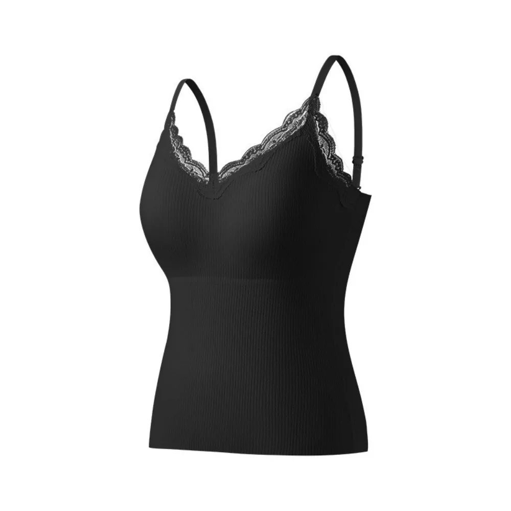 Ropa interior térmica de encaje Simple para mujer, camisola térmica ajustada con cuello en V para invierno, chaleco tejido de terciopelo sin mangas, Top cálido para Otoño e Invierno