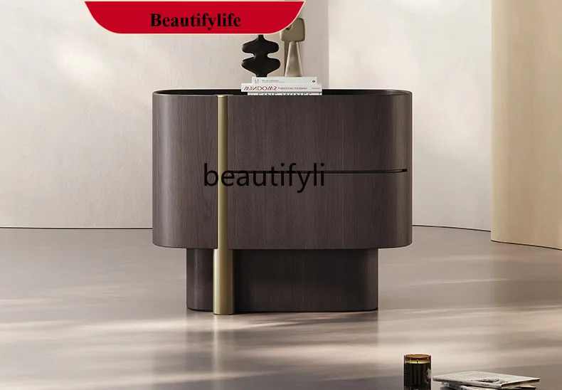 D178 Italian Minimalist Solid Wood Bedside Table Simple Modern Smoky Color Bedside Storage Cabinet Wabi-Sabi High-End Bedroom
