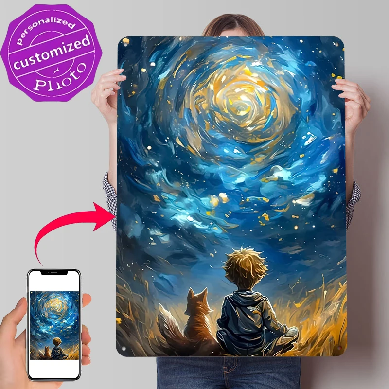 Boy and Fox Gazing At Galaxy Metal Poster Customized Wall Art Retro Vintage Metal Signs for Man Cave Living Room Decorations