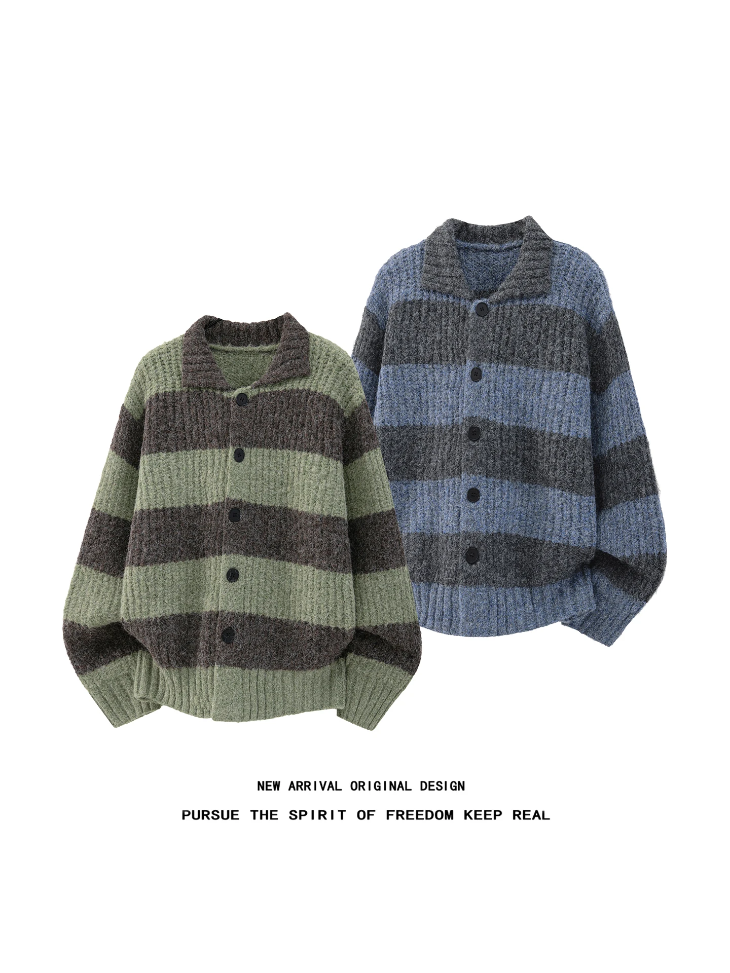 Korean Style Striped  Collar Sweater Men's Autumn Winter Vintage Lazy Atmosphere Open Cardigan Knitted Outerwear