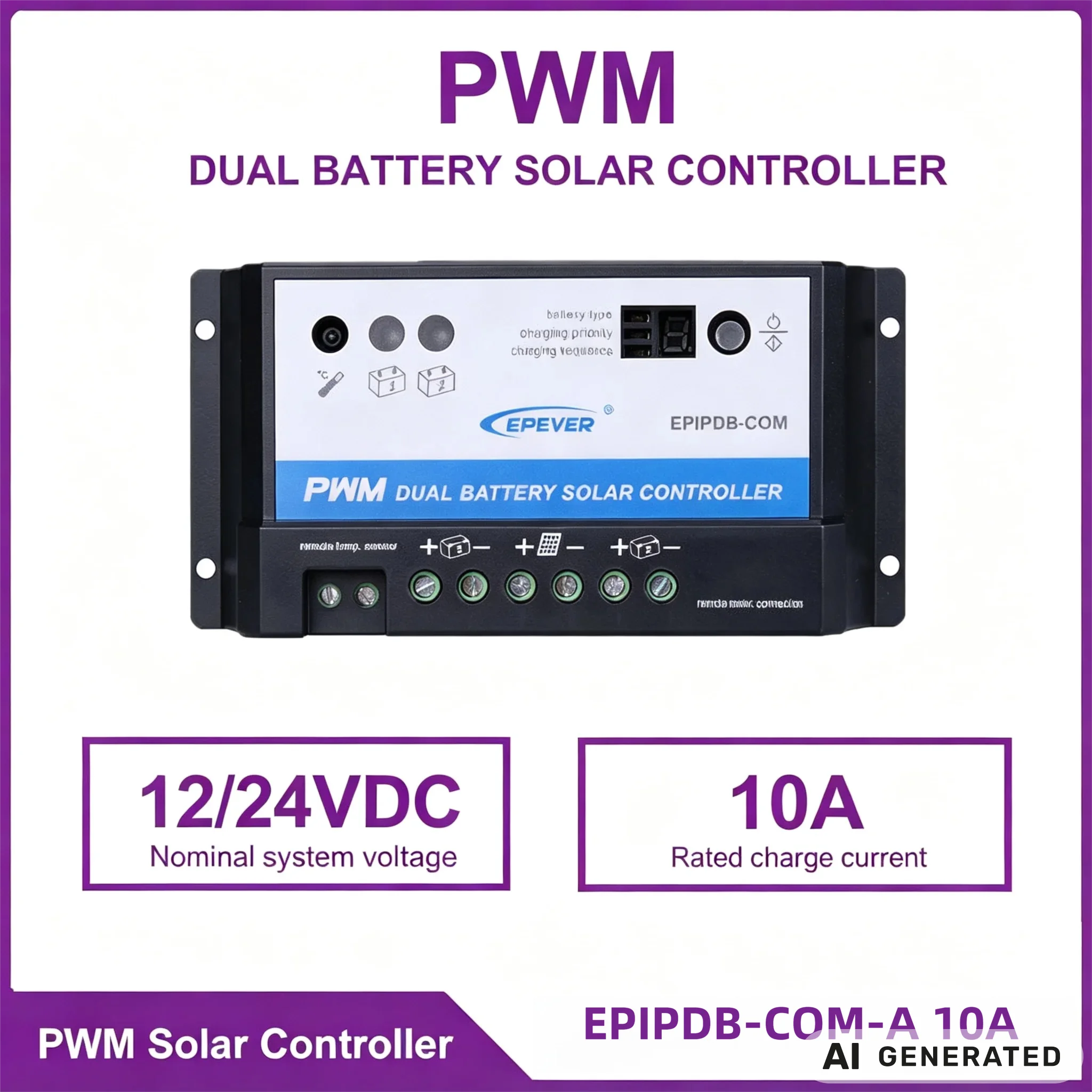 EPIPDB COM Dual Battery PWM Solar Charge Controller 10A 20A 12V 24V Auto Bluetooth Compatible for RV Boat Renewable Energy