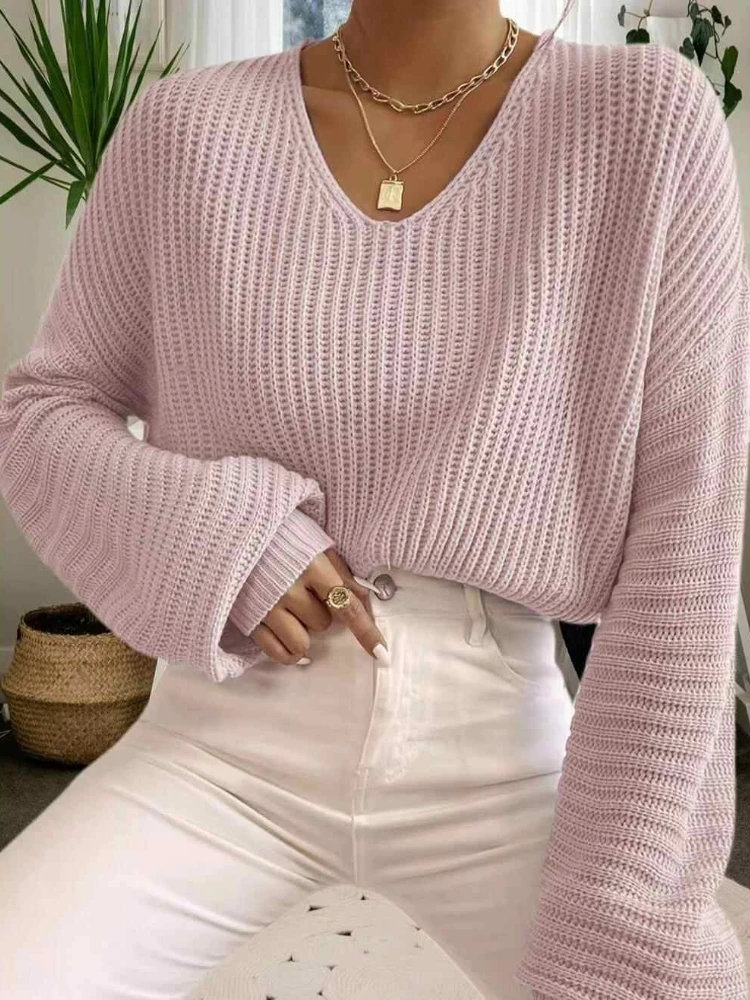 

Women Solid Color Loose Lantern Long Sleeve Sweater V Neck Pullovers Jumpers Autumn Winter Versatile Casual Knitted Female Tops