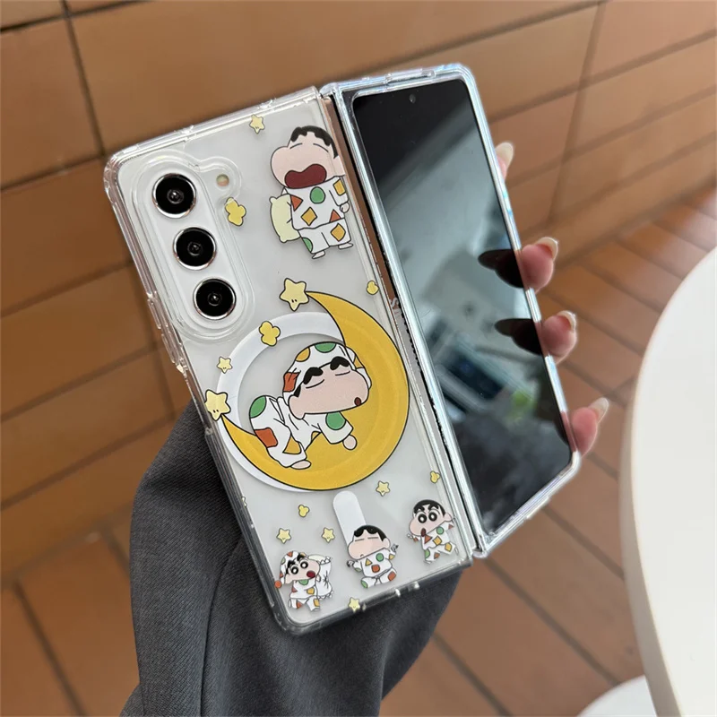 Cute moon Star Crayon Shin-chan Folding Magsafe Wireless Charge Case For Samsung ZFold 3 4 5 6 7 ZFold7 Cartoon Magnetic Holder