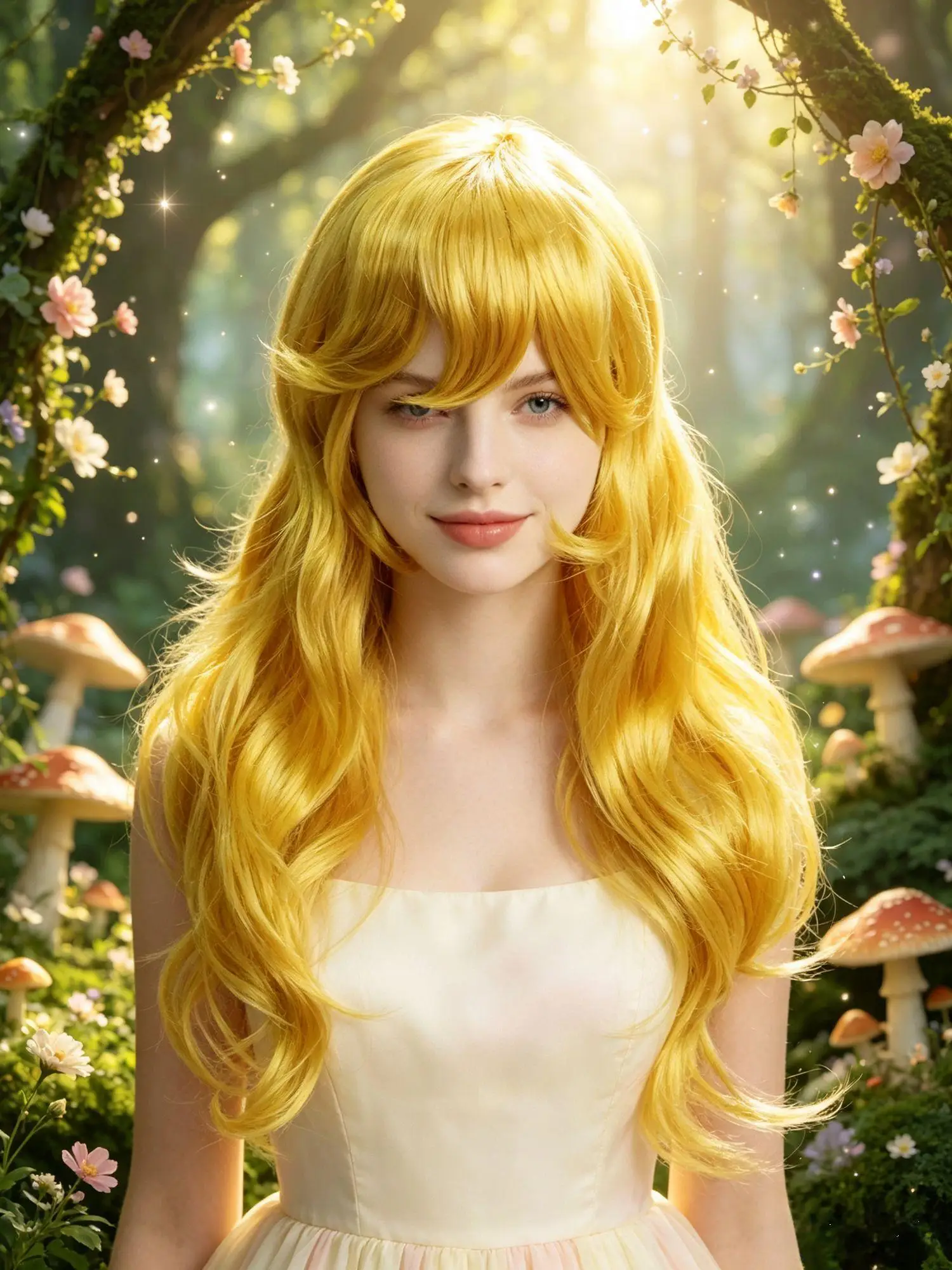 Golden Long Wavy Wig Synthetic Curly Layered Side Bangs Princess Anime Costume Wig Halloween Cosplay Party Carnival Daily