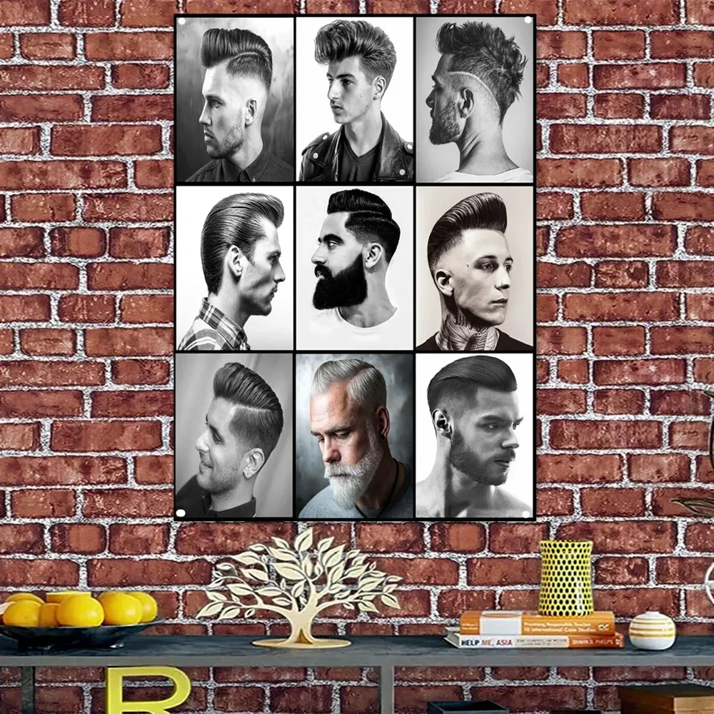 

New Trendy Men's Short Hairstyles Retro Barber Shop Signboard Wall Decor Banner Flag Haircut and Shave Salon Poster Tapestry 5