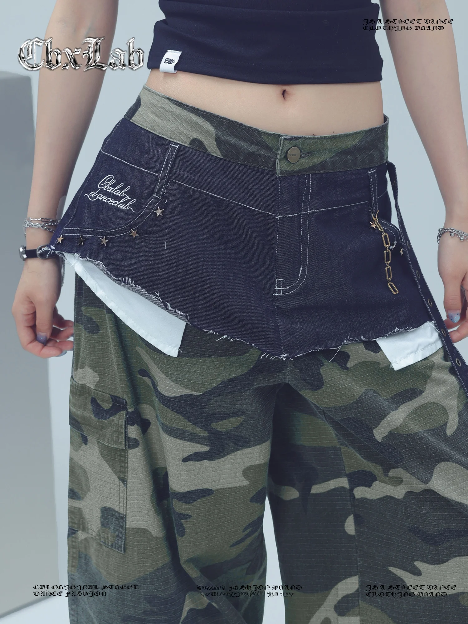 

CBXLAB Модные джинсовые брюки в стиле стрит-дэнс с камуфляжными вставками и пэчворком, длинные, в стиле хип-хоп, повседневные, с индивидуальным дизайном