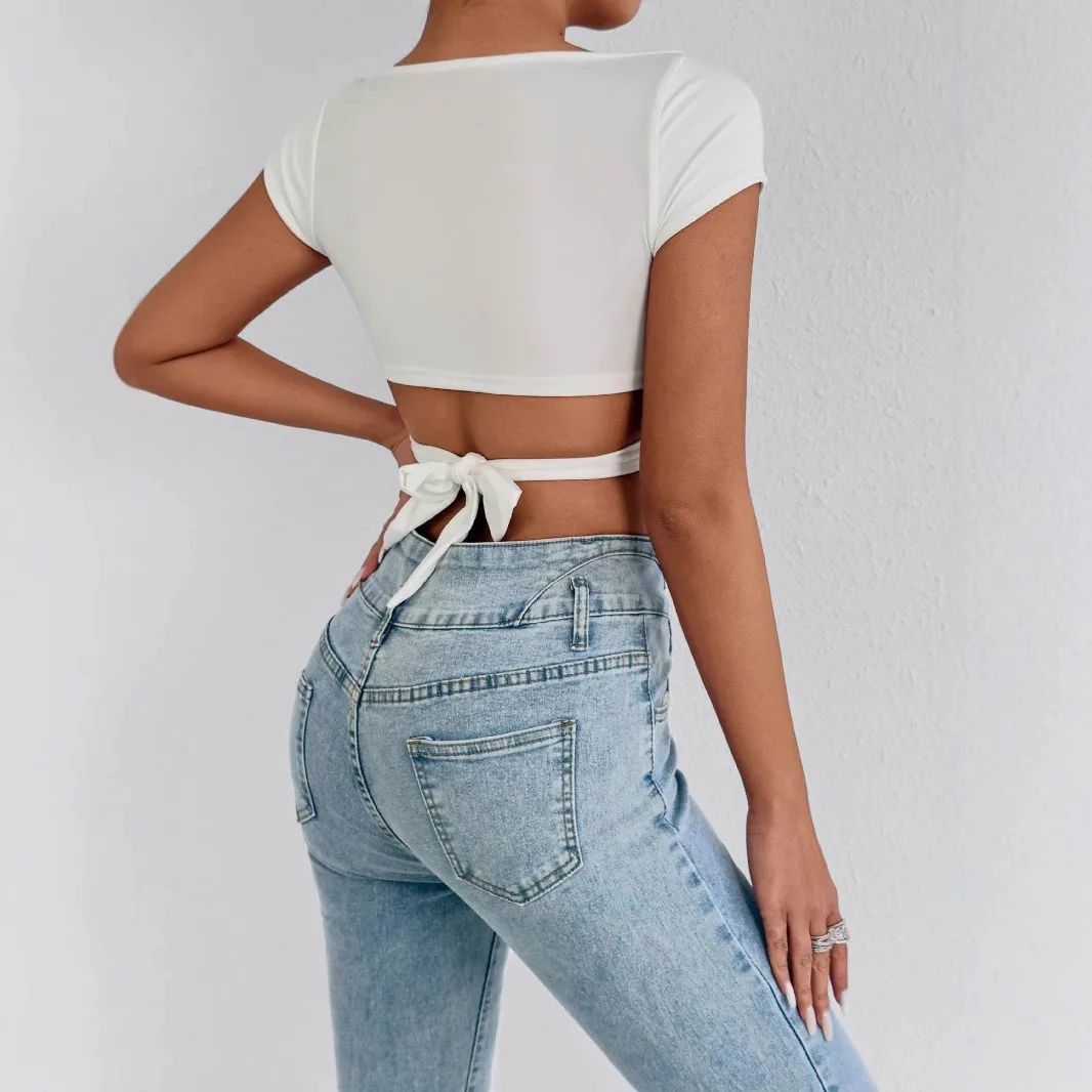 تخصيص عبر الحدود الصيف جديد قصيرة الأكمام المرأة الأعلى العميق الخامس الرقبة قصيرة الأكمام تي شيرت عالية الخصر الرغبة النقية #3