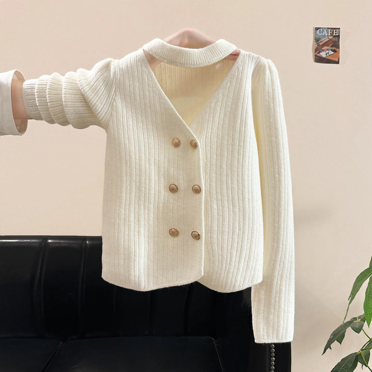 

Простой женский свитер с V-образным вырезом и двойной застежкой, весенне-осенний вязаный кардиган с завязками на шее, универсальный однотонный топ с длинными рукавами