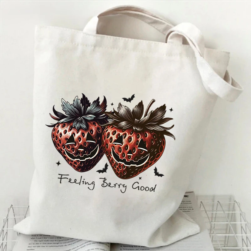 

Women Tote Bags Halloween Horror Strawberry Print Storage Handbags Horror Pumpkin Retro Handbags Halloween Ghost Shoulder Bags