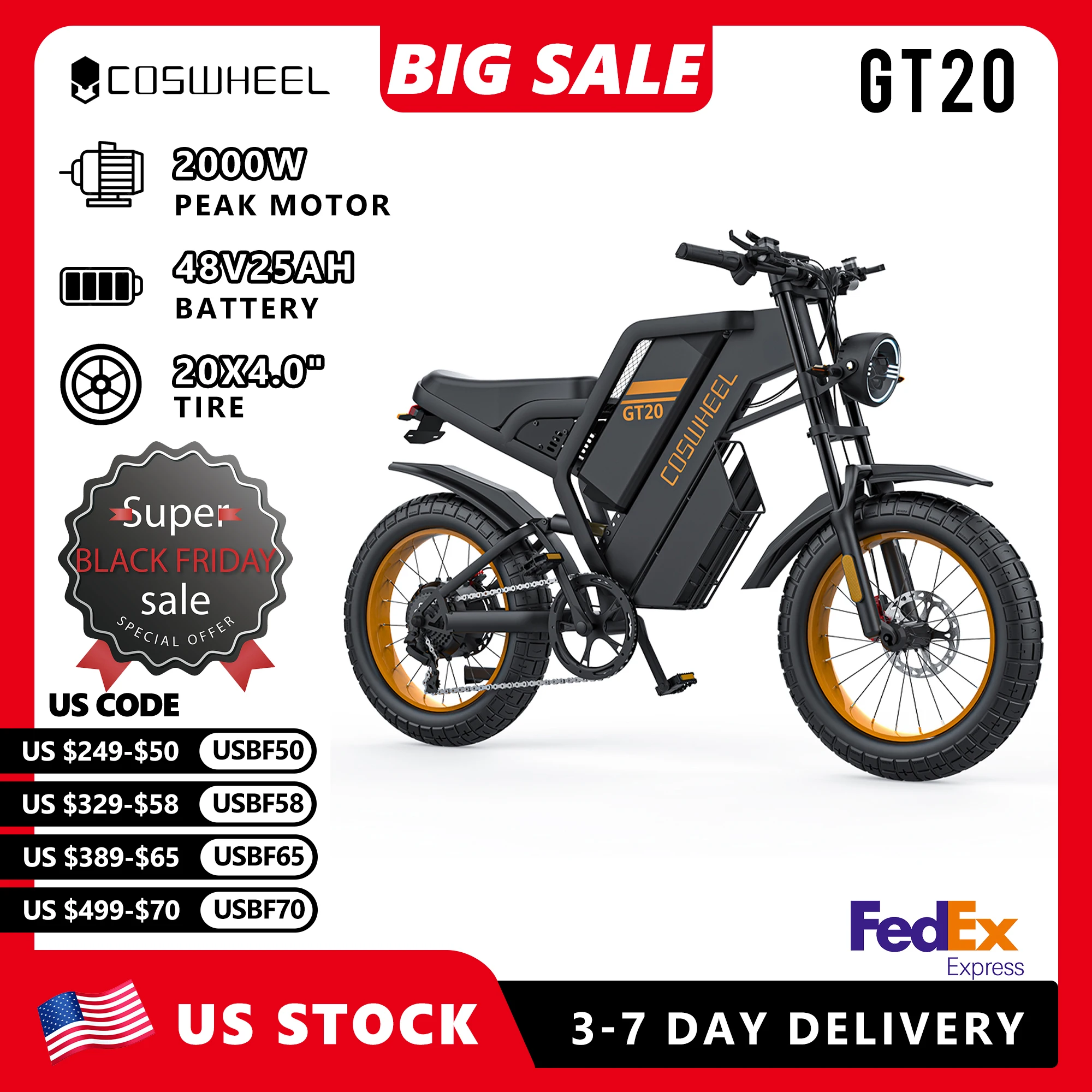 

COSWHEEL Electric Bicycle GT20 Electric bike 1500W PEAK 48V 25AH Battery 28MPH Adult Off-Road 20*4.0" Fat Tires Motorcycle Ebike