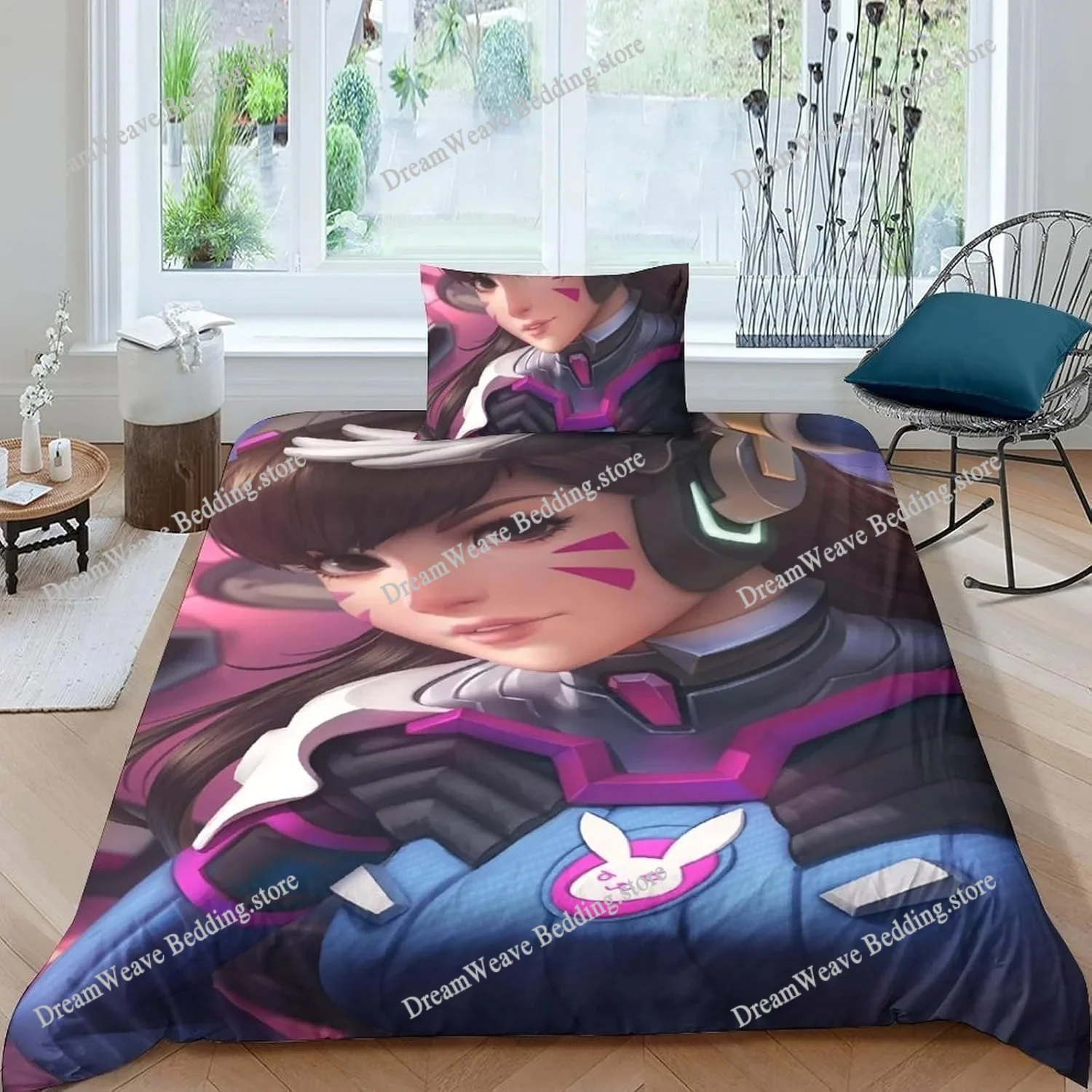 

OW Overwatch Game Gamer DVA Comforter Bedding Set,Duvet Cover Bed Set Quilt Cover Pillowcase,King Queen Size Bedding Set Kids 3D