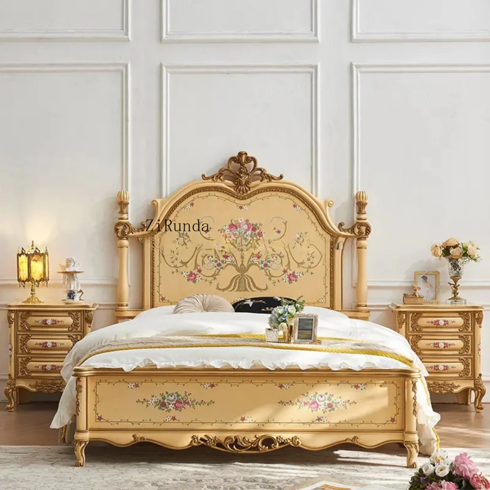 European antique style queen wooden bed set with floral pattern and storage drawers, bedroom furniture