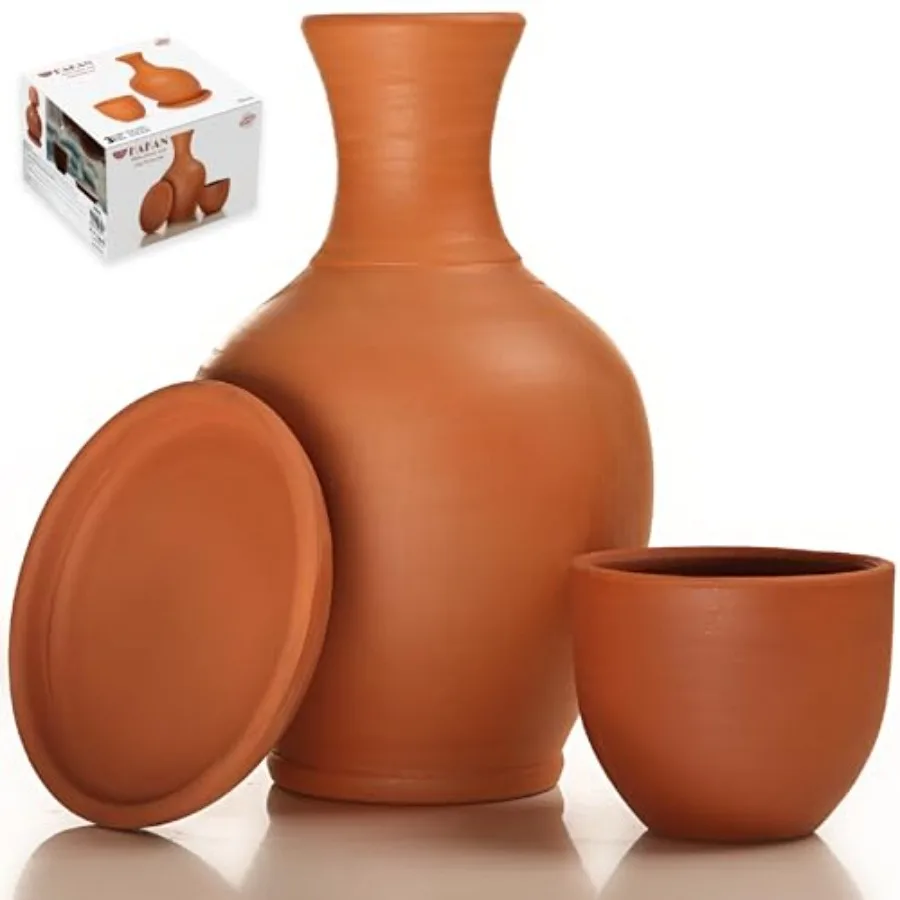 Jarra de Barro Terracota con Taza y Plato, Juego de Jarra de Agua de Cerámica, Recipiente de Cerámica para Beber Agua, 76 oz