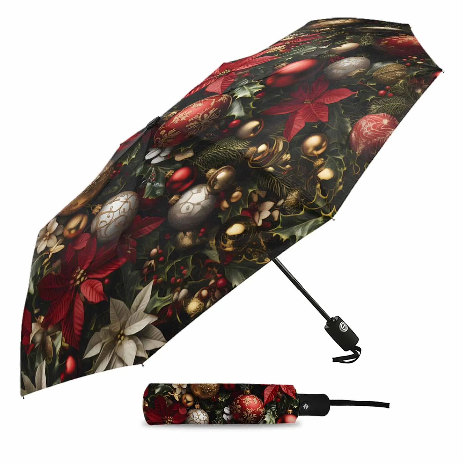 Winter Poinsettia Holly Flower Automatic Umbrella for Rain Foldable Parasol Umbrella Eight strand Outdoor Umbrellas