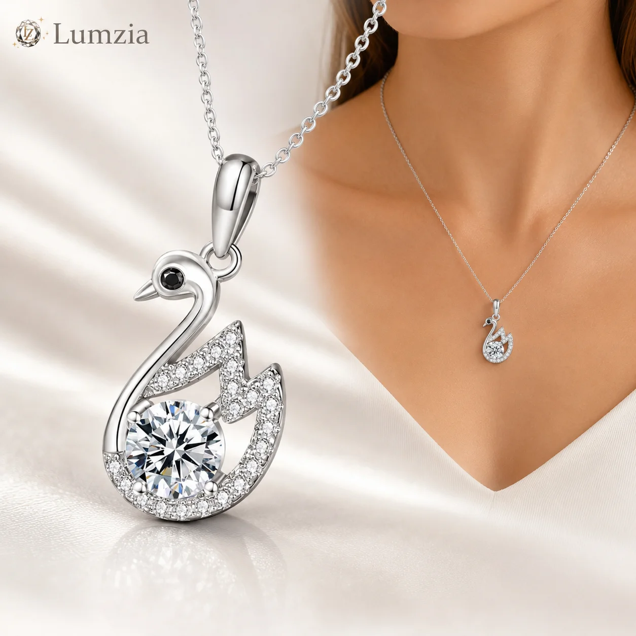 Moissanite Swan Pendant Necklace 0.5CT Round S925 Sterling Silver 45+5cm Chain GRA Certified Moissanite