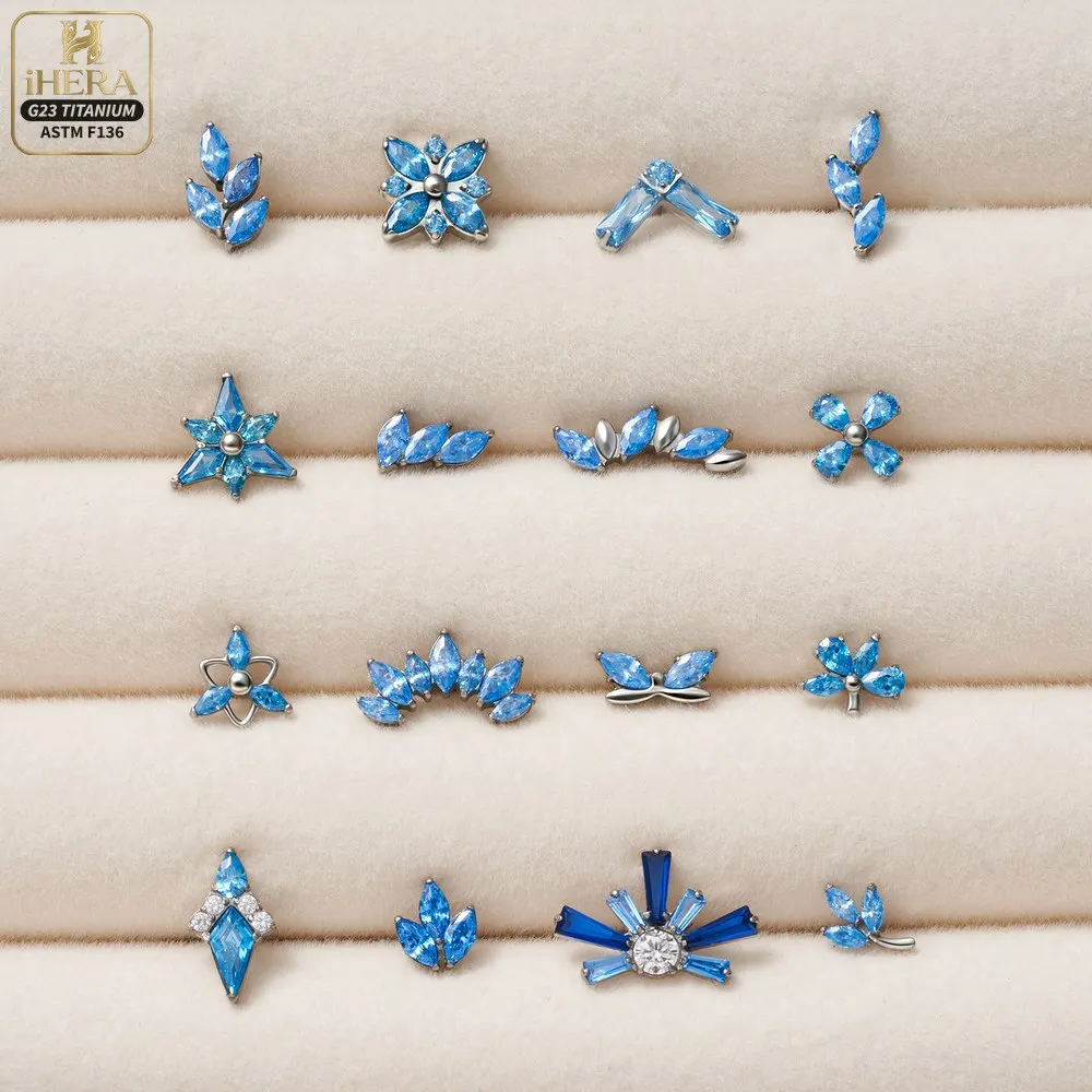 G23 Titanium Piercing Kit Sparkly Blue CZ Flower Leaf Cluster Lip Stud Tragus Conch Helix Nostril Cartilage Flatback Wholesale