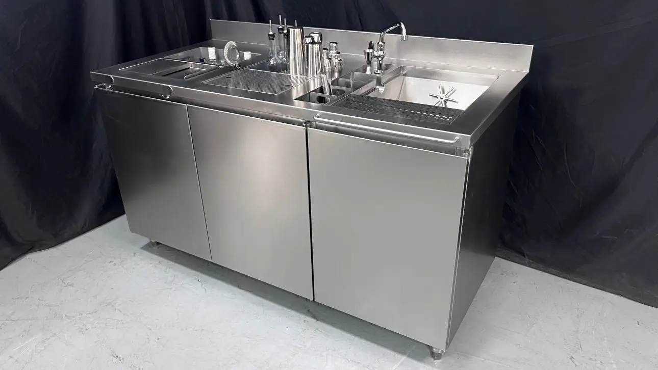 201/304 SS Commercial Under bar Workstation, Drain Counter W/Glass Rinser, Tap & Cabinet for Cafe Pub Cocktails