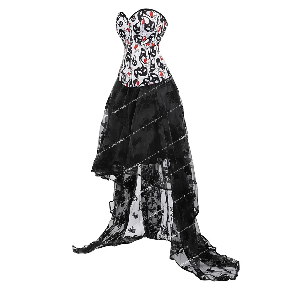 Women's Corsets Skirts Burlesque Skull Print Bustier Gothic Corset Dress Halloween Carnival Costume Rave Party Outfits Plus Size