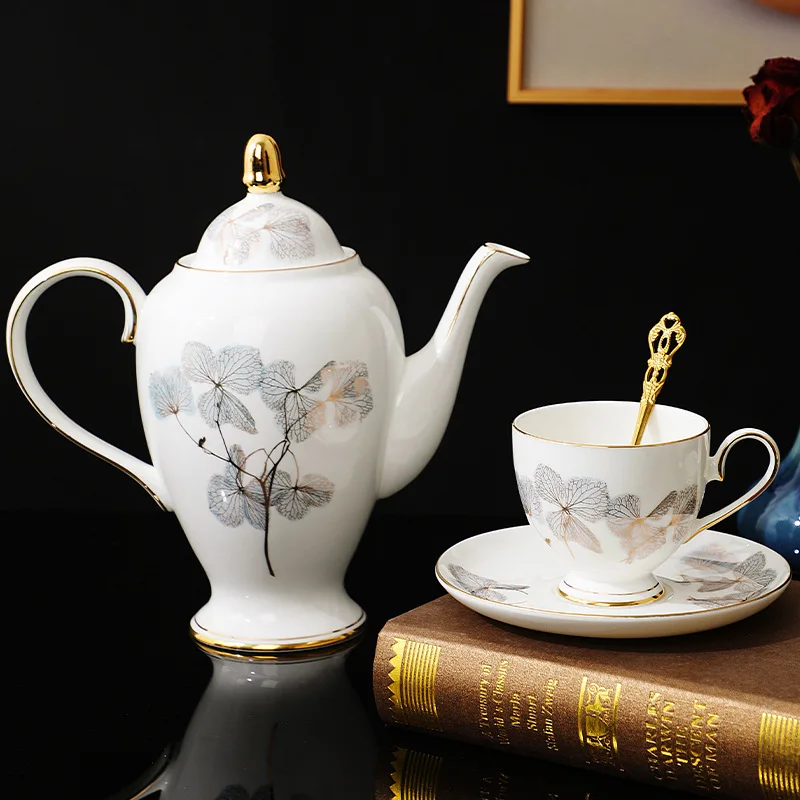 Bone porcelain coffee set, coffee cup and plate, golden magnolia, Chinese afternoon tea, tea set, household set