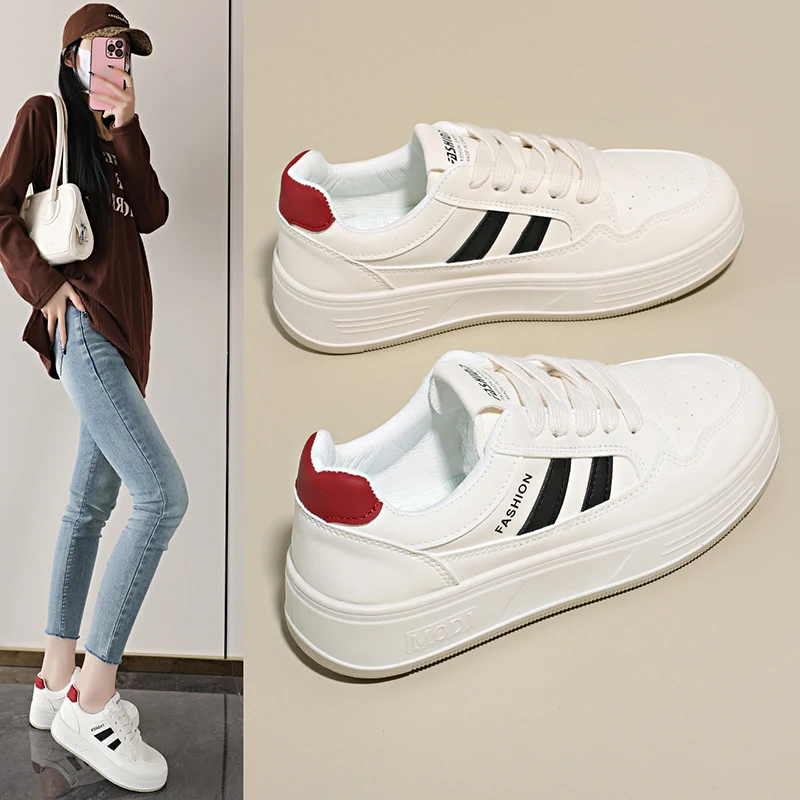 

Fashionable Thick Bottom Flat Bottom Women's Sneakers Casual All-Match Spring New Style Short Tube Boots PU Leather