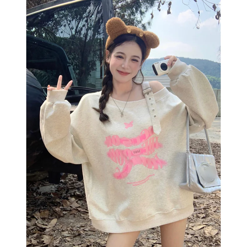 

Women Clothing Solid Grey Baggy Fleece Version Vintage Chic Design Letter Printing Sweatshirt Lazy Casual 2024 Autumn Tops