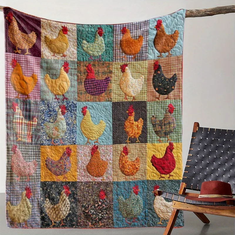 1 Stück Flanelldecke mit Vintage-Huhn-Aufdruck, weich, gemütlich, gestrickt, für alle Jahreszeiten, bunt, für Sofa, Bett, Büro, Camping, Reisen, Geschenk, Decke