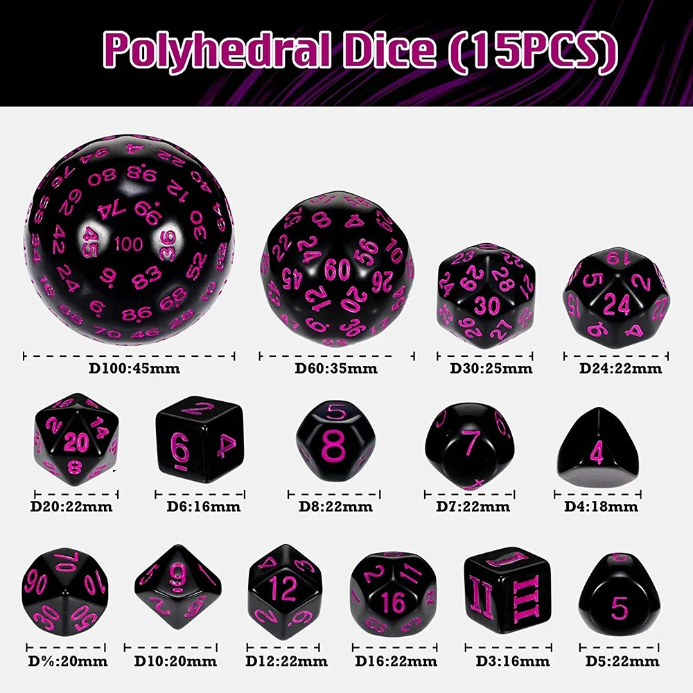 15Pcs/Set Polyhedral Dice D3-D100 Spherical RPG Complete DND Opaque Black 100 Sides Dices Role Playing Table Party Board Game