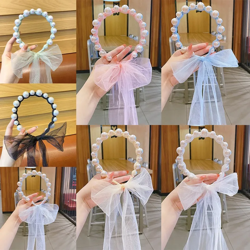 

Повязки для волос для девочек, однотонный сетчатый бант, жемчужный декор, повязки на голову в стиле принцессы, эластичная повязка для волос для маленьких детей, вечерние, свадебные аксессуары для волос