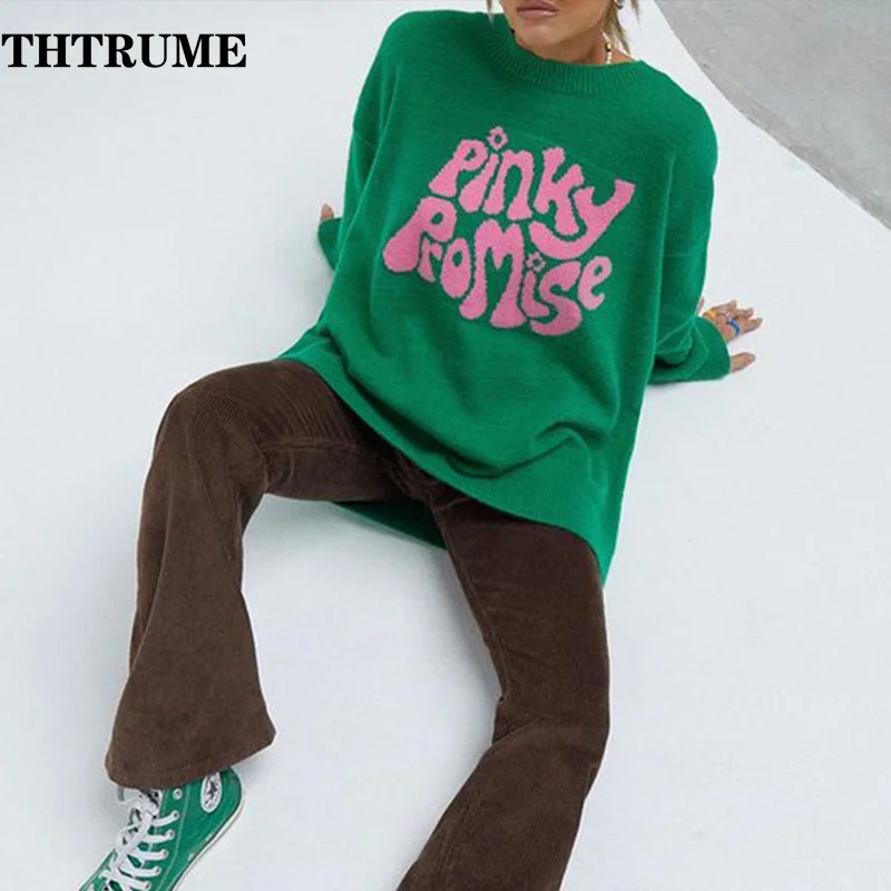 Autumn Winter Letter Print Sweaters Fashion Women Green Vintage Y2K Knit Streetwear Jumpers Tops Casual O-Neck New Pullovers