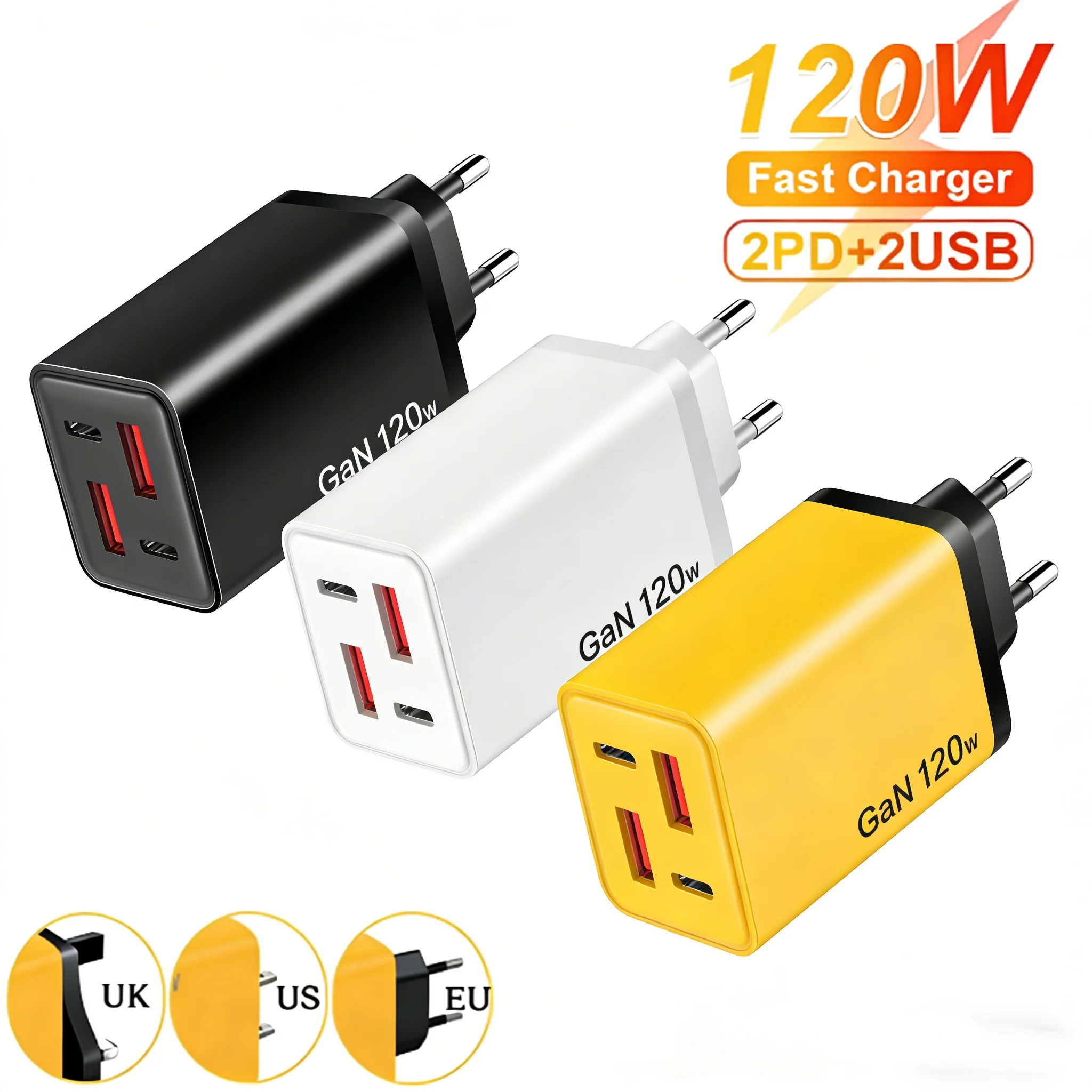 120W GaN Charger Fast Charging 4-Port USB C PD Charging Block USB A Wall Charger Adapter for iPhone Xiaomi Huawei Mobile Phone