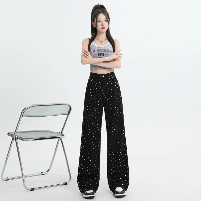 Shascullfites Small Black Polka Dot Straight Jeans For Women, All-Match, Loose And Slim Retro High Waisted Floor-Length Jeans