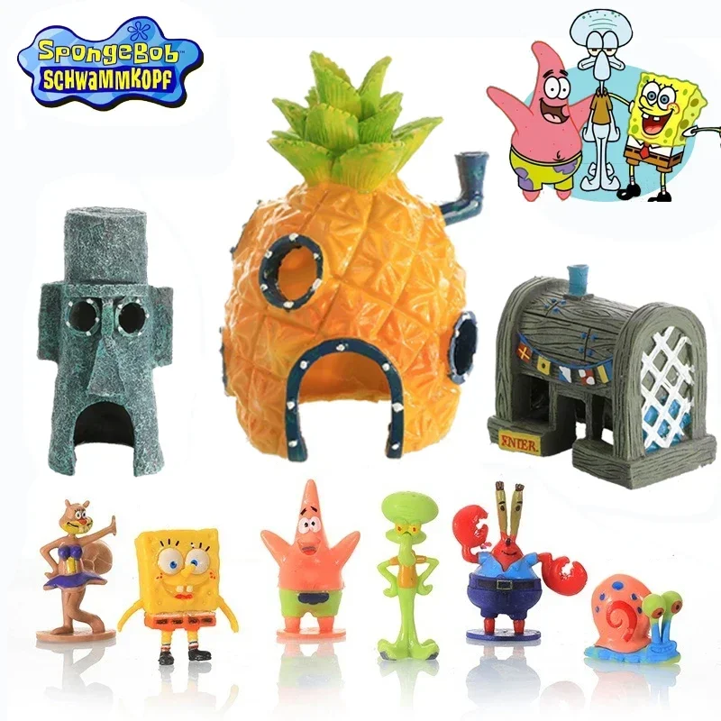 

New SpongeBob Action Figures Toy Set Fish Tank Decoration Anime Aquarium Doll Decor Cartoon Pineapple House Crab King Decoration