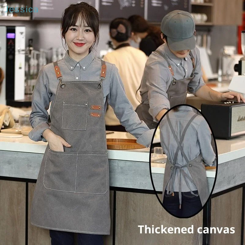 ♥Black Denim Apron with Multiple Pockets Adjustable Straps & Leather Accents, Ideal for Kitchen,Barista,Craft & Workshop Use view 4