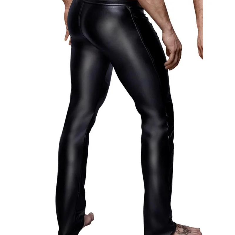 Men Latex Leather Pants Low Waist Faux Leather Shiny Pants Fashion Tight Trousers for Club Stage Show Rock Band Performance