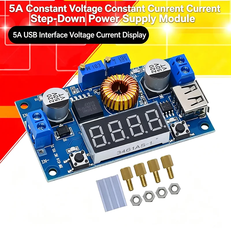 

XL4015E1 5A Adjustable Step-Down Power Module with USB Port, Voltage/Current Display, High Power Buck Converter