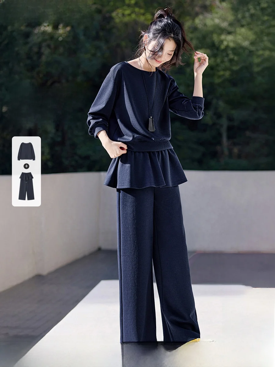 

Mehan Spring 2026 Women's Loose ort Sweatirt And Wide Leg Pants Set with Lace Trim Casual Sle Faion Ensemble