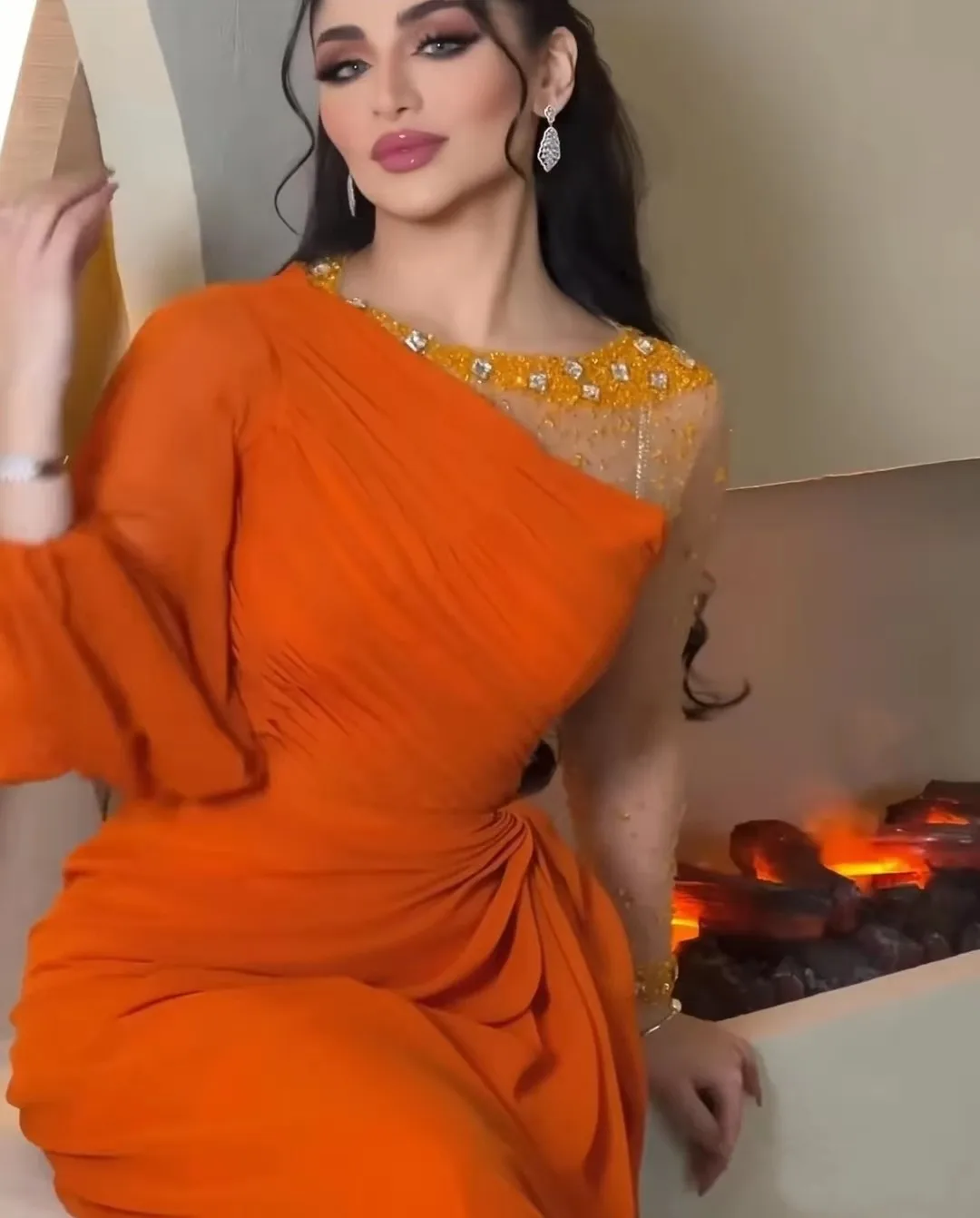 

Meetlove Saudi Arabia Women's Prom Dress Orange Beads One-Shoulder Tulle Sleeve Ankle-length Evening Dress Robes De Formal Party