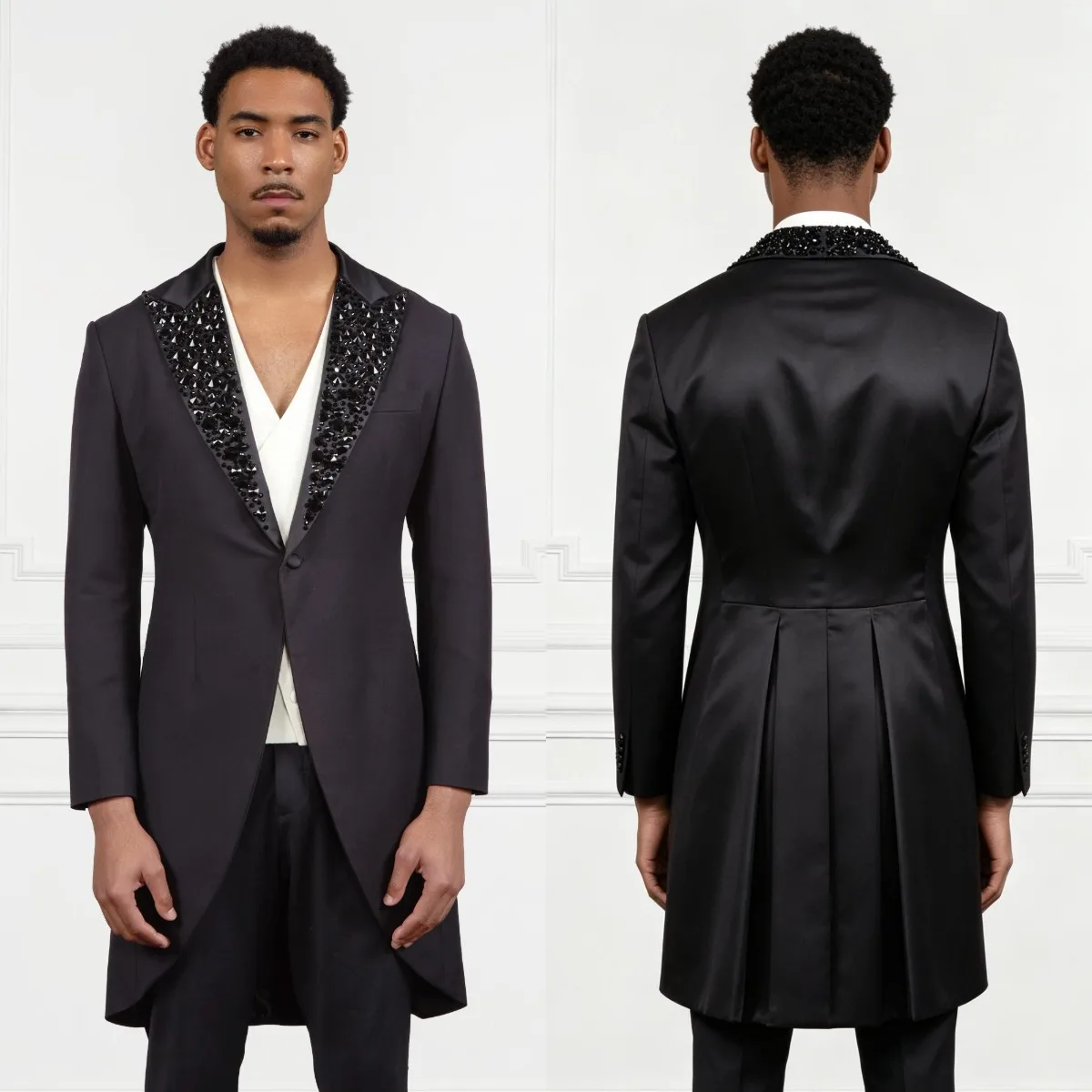 Men's Black Long Tail Single Breasted Tuxedo Jacket with Crystal Embellished Lapel and Pleated Back Custom Made M264863