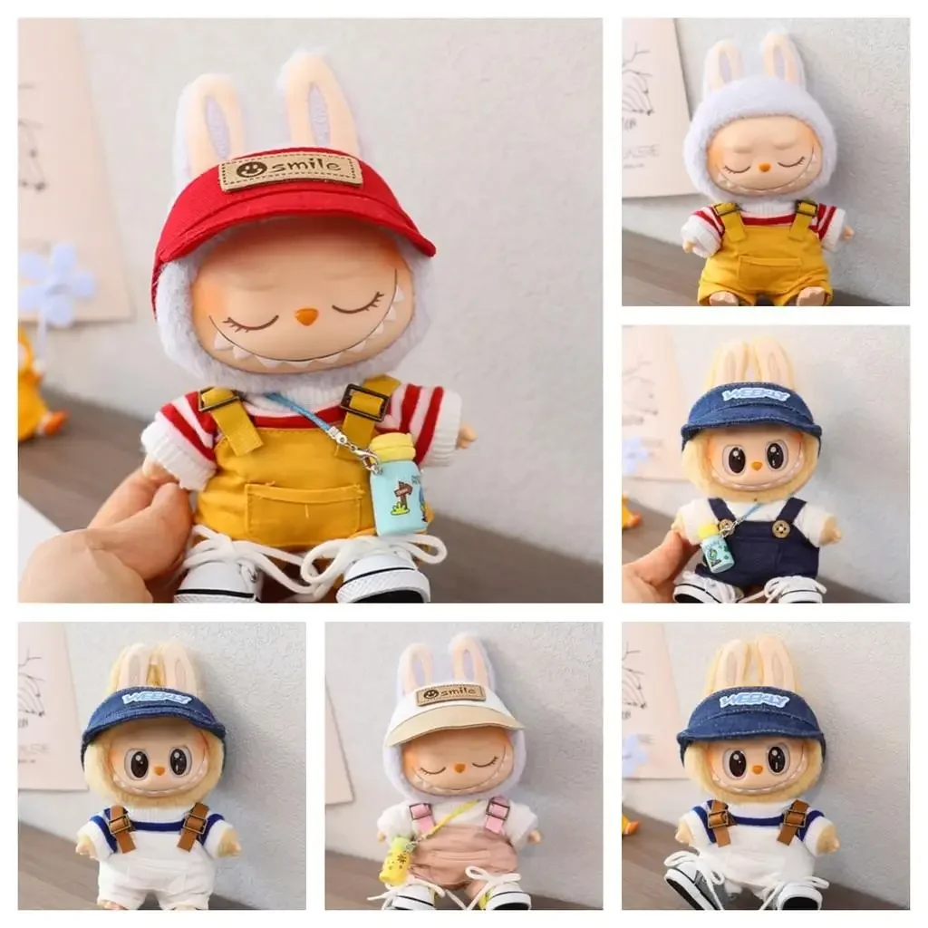 (Cloth Only) For 17 CM labubu Macaron 15cm outfit Doll Clothes Overalls Shoes for labubu cloth Cute Decoration Little Clothes