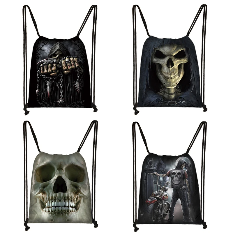 Cool Death Skull Backpack Women Men Travel Bag Grim Reaper Drawstring Bag Boys Girls Bookbag Canvas Storage Bags Shoes Holder
