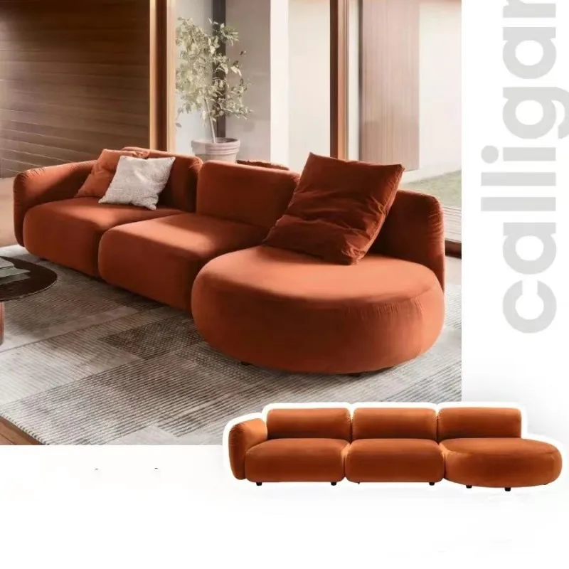 Round and soft light and luxurious arc sofa, double-sided sitting with high position and pedal caramel velvet fabric module