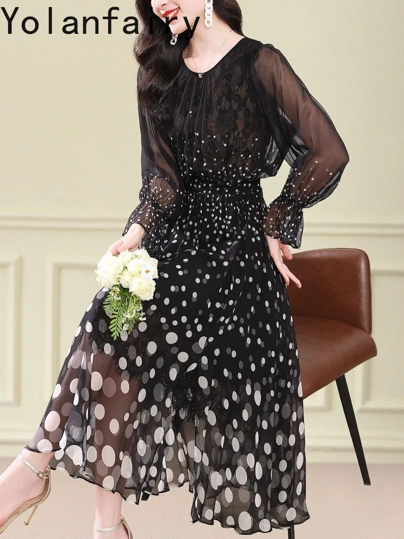 YOLANFAIRY High-end 100% Real Mulberry Silk Dresses Summer Luxury Fashion Polka Dot Dress Long Sleeve Elegant Dress Flare Sleeve