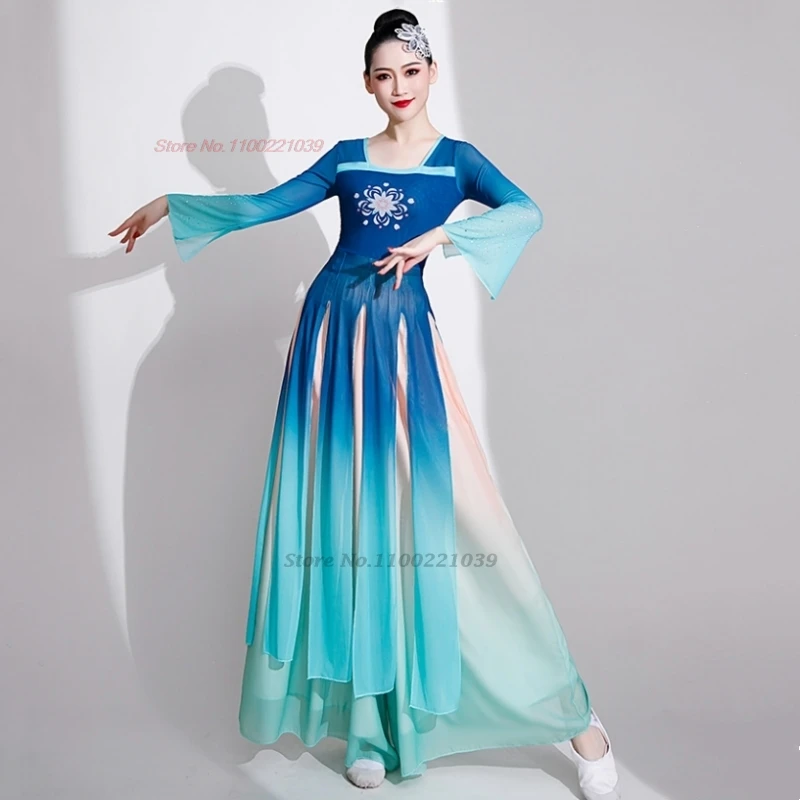 2025 زي الرقص الشعبي الصيني العتيق متدرج اللون شبكة hanfu بلايز + فستان أطفال مع سروال داخلي فستان أداء مرحلة التدريب التقليدي