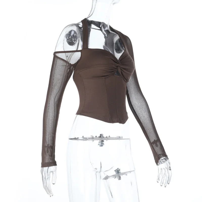 Fashionable Slim Short Style Sexy Perspective Shirt Autumn 2025 Women's European Style Clothing V- Neckline Up Top Wholesale