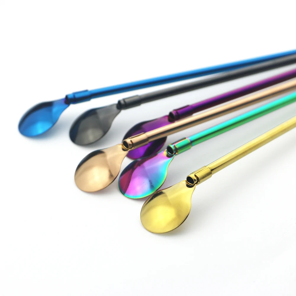 4/8Pcs 304 Stainless Steel Straw Spoon Set Mixing Stirring Straw Reusable Metal Straw with Brush for Smoothie Drinking Accessory