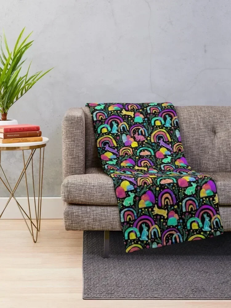 Rainbow Rabbits - black Throw Blanket